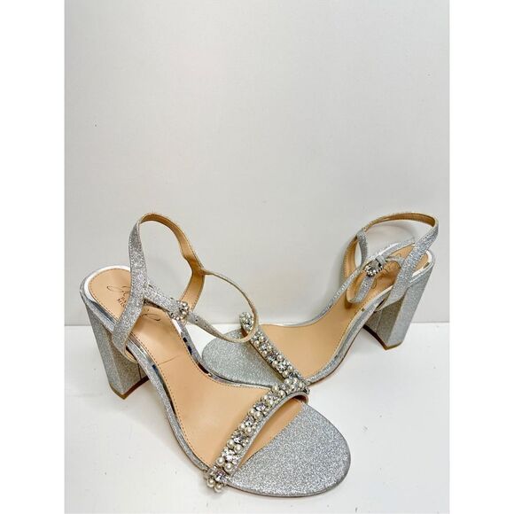 Badgley Mischka Sandals Womens Size 8.5 Silver Block Heel Open Toe‎ Embellished - Picture 2 of 9